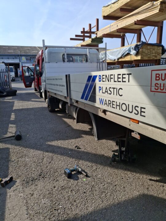 Tyres being replaced on a commercial vehicle at Benfleet Plastic Warehouse, Essex by TMS Tyres Essex Limited